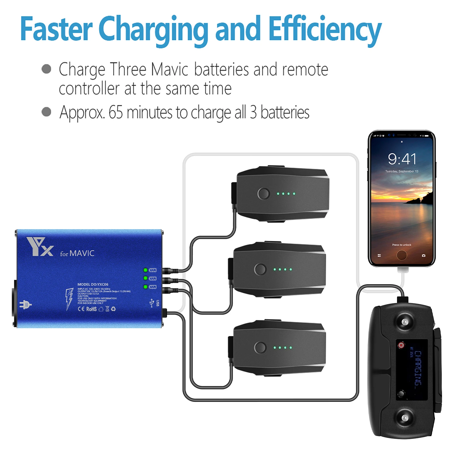 5-in-1 Multi Battery Remote Control Smart Fast Charger Charging HUB for DJI Mavi